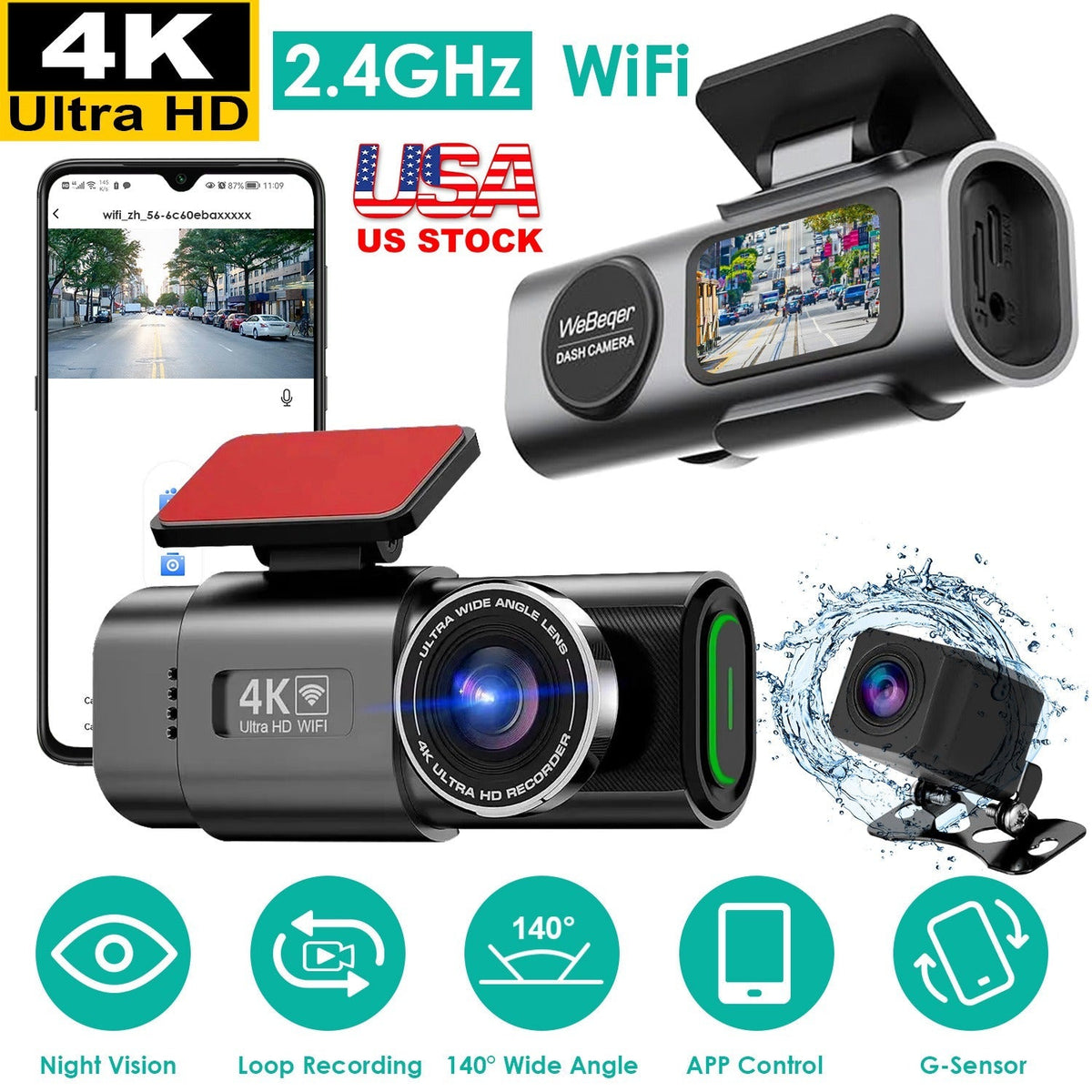 4K/1080P Dual Chanel Car Dash Cam 2.4GHz WiFi Car Camera Mini Driving Recorder with 140¡ Wide Angle APP Control Night Vision G-sensor Loop Recording